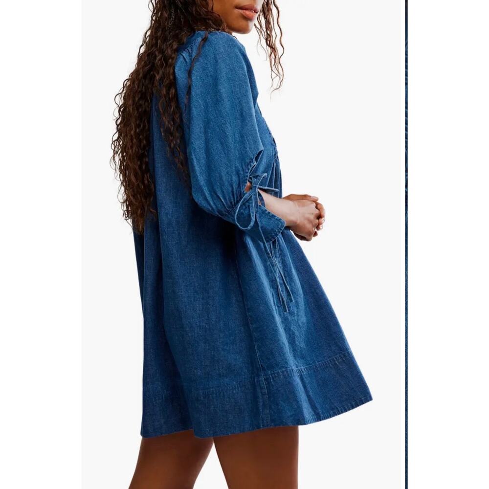 NWT Free People Sonora Denim Babydoll Mini Dress Square Neck L Midnight Rinse - Picture 10 of 12